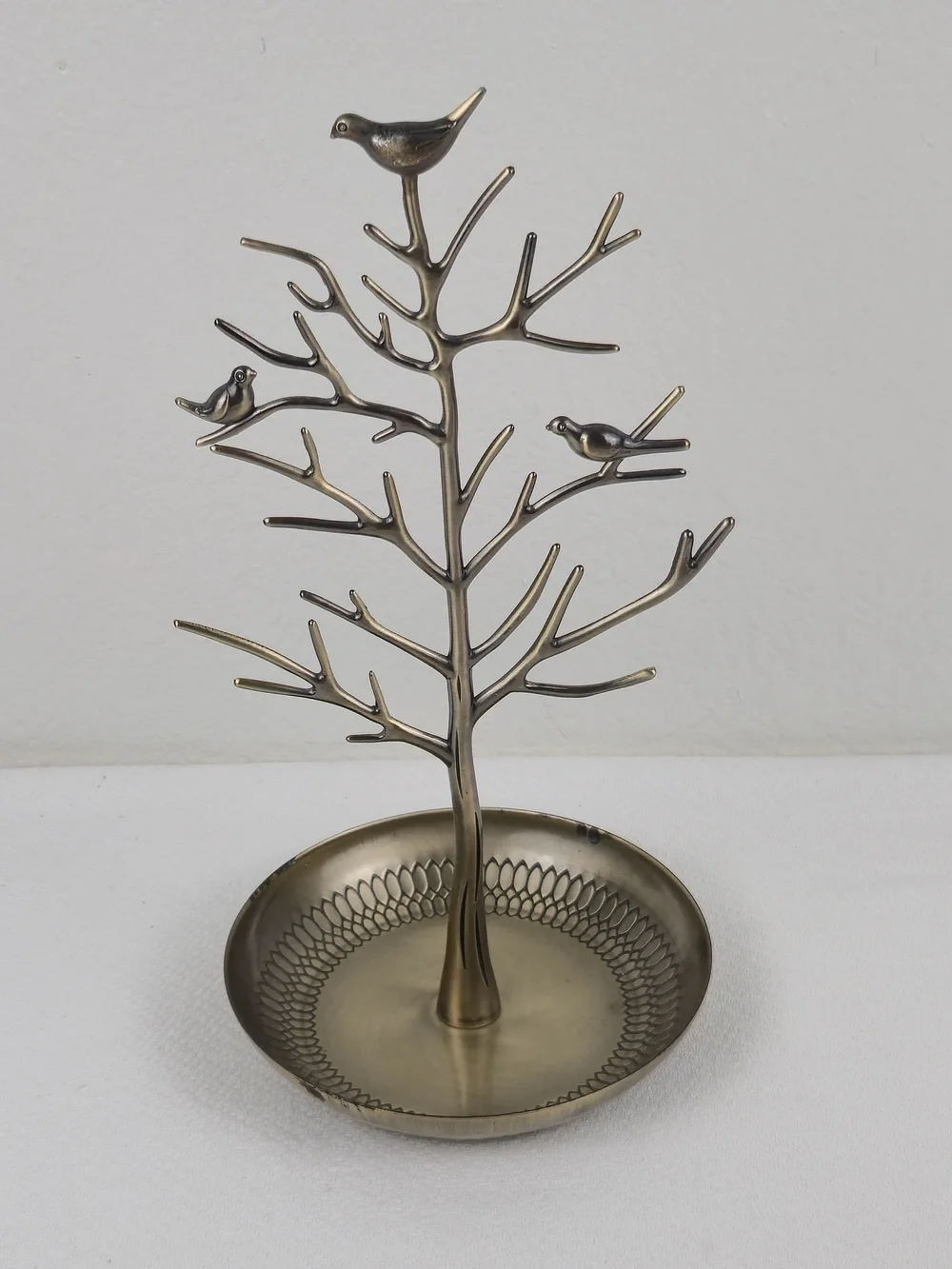 Gold Tone Metal Bird Tree Jewelry Holder Ring Dish & Organizer Stand